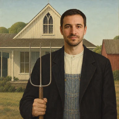 An invented face drawn in the American Gothic style