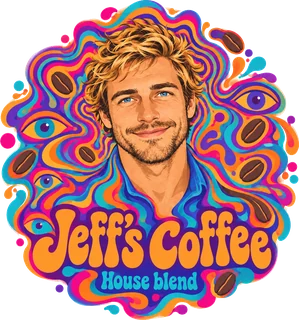 A coffee label drawn in the psychedelic style