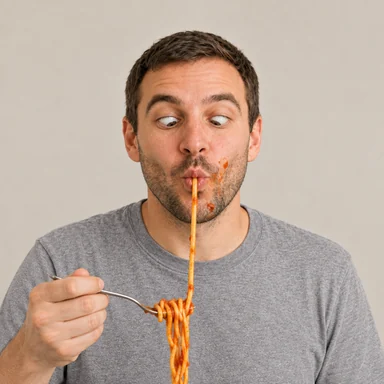 One photograph, pulling the spaghetti slurp face